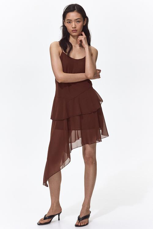 Asymmetric chiffon dress - dark brown