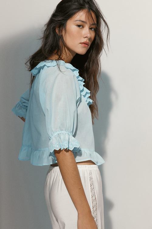 Broderie anglaise cotton blouse - light turquoise