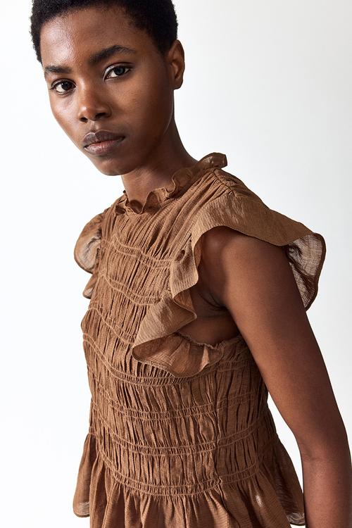 Smocked peplum top - brown
