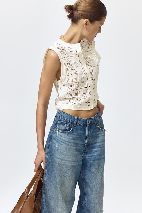 Crochet-look button-front top - cream