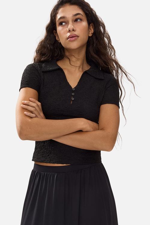 Crinkled polo shirt - black