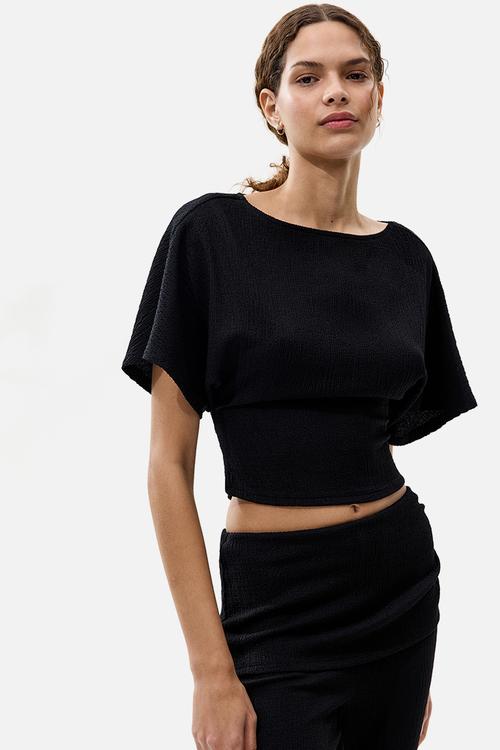 Crinkled tie-detail top - black