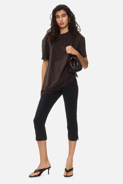 Asymmetric lace-trimmed t-shirt - dark brown
