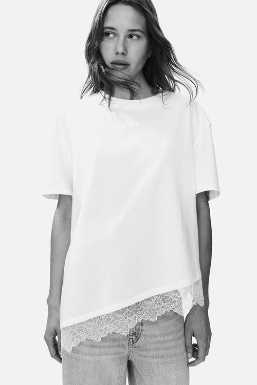 Asymmetric lace-trimmed t-shirt - white