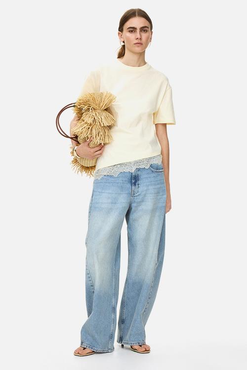 Asymmetric lace-trimmed t-shirt - light yellow