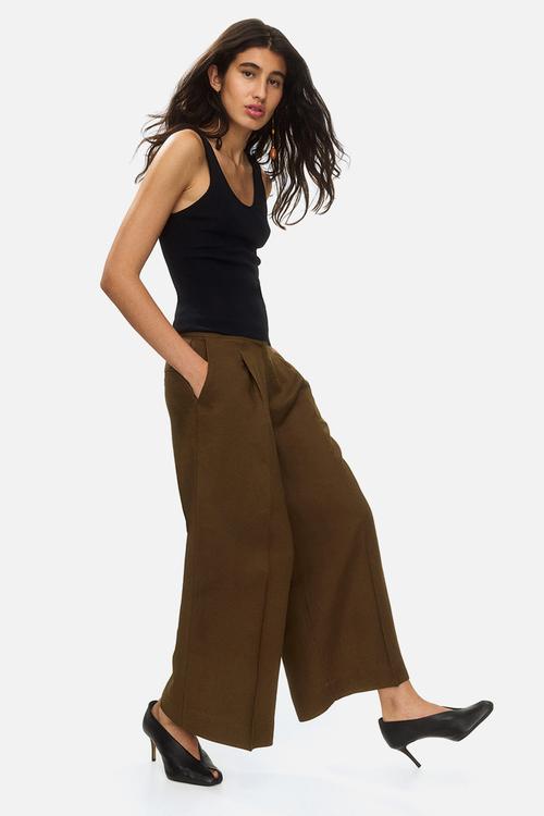 Ankle-length linen-blend trousers - brown
