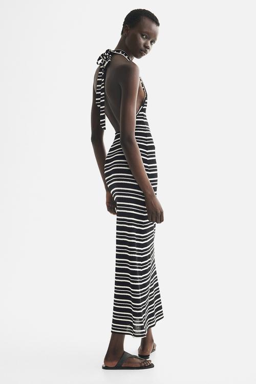 Knitted halterneck dress - black/striped