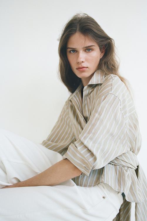 Tie-detail blouse - light beige/striped