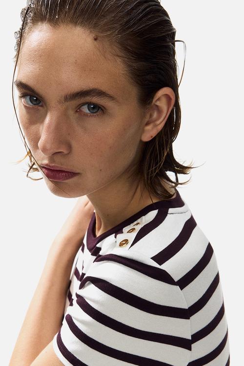 Button-detail viscose top - white/striped