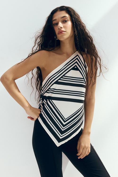 Scarf-look one-shoulder top - cream/striped