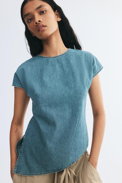 Asymmetric denim top - light denim blue