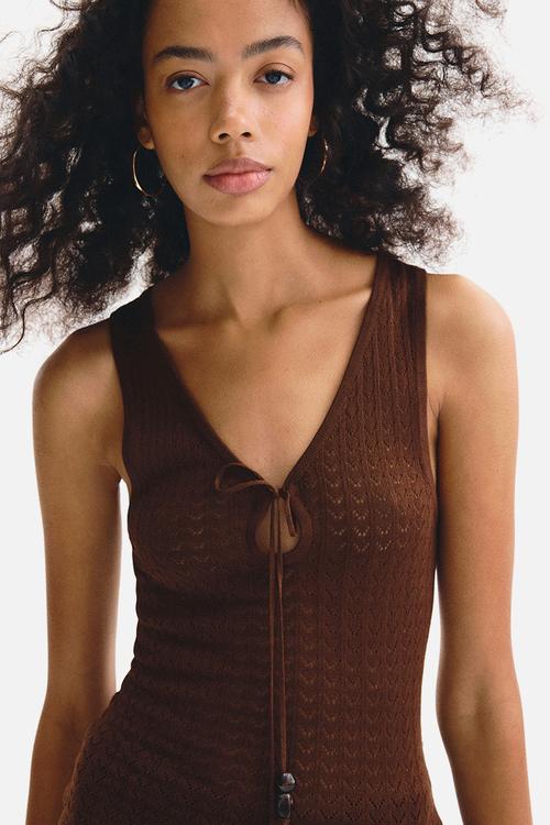Pointelle-knit tie-detail top - dark brown