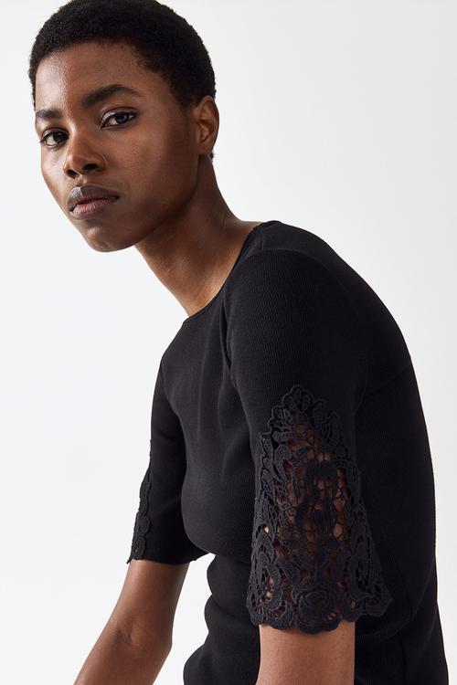 Ribbed lace-inset top - black