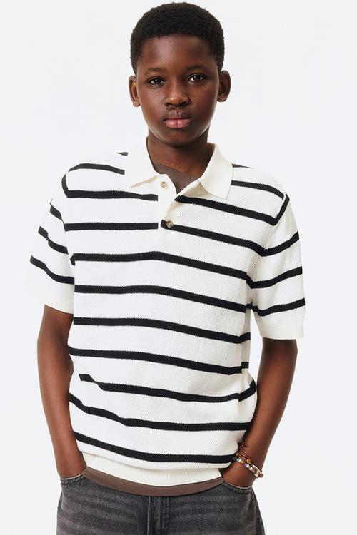 Waffle-knit polo shirt - white/black striped