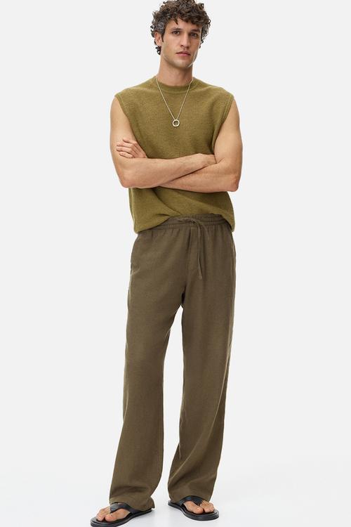 Relaxed fit linen-blend trousers - khaki green