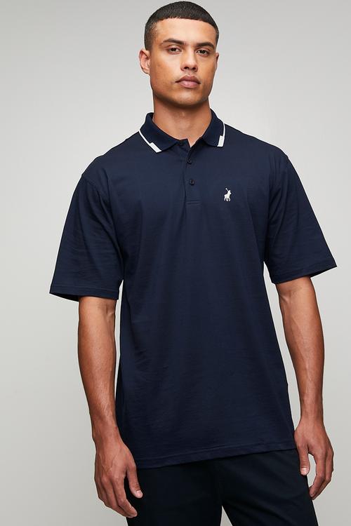 Mens plain dm tipped button short sleeve golfer - navy