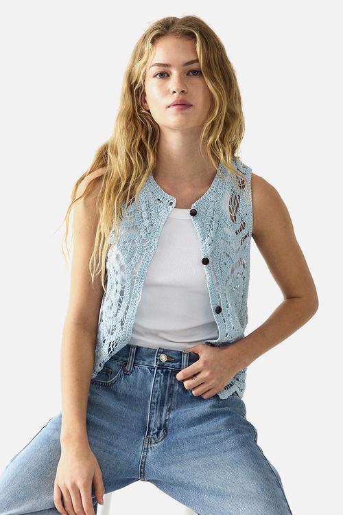 Crochet-look button-front top - light dusty turquoise
