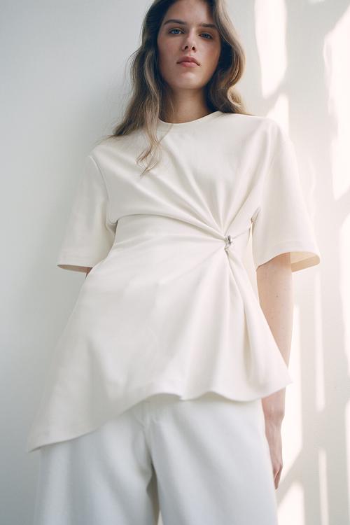 Draped-detail asymmetric top - cream
