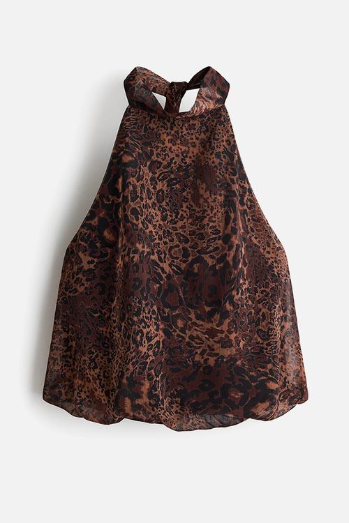 A-line halterneck top - brown/leopard print