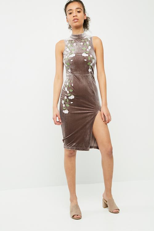 High neck velvet embroidered midi dress