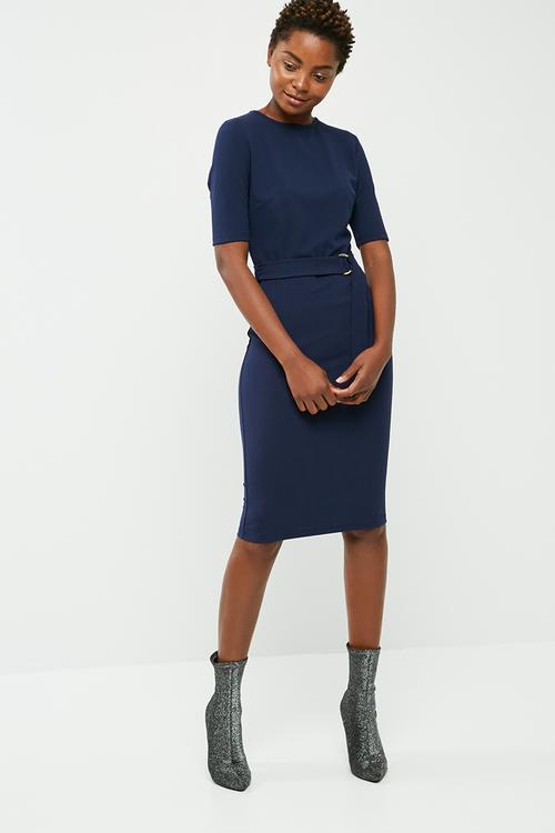 Ballerina sleeve bodycon dress with self fabric d-ring belt