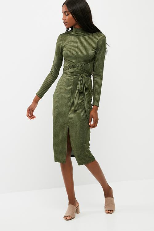 Turtleneck midi bodycon dress with self fabric tie belt