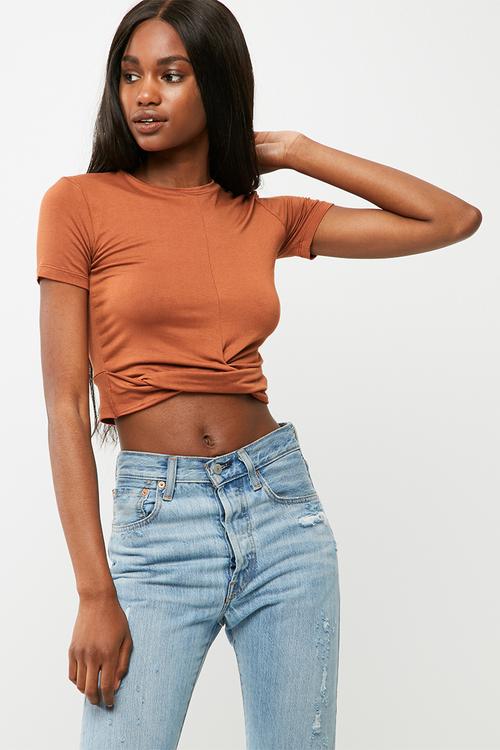 Knotted front turtleneck top