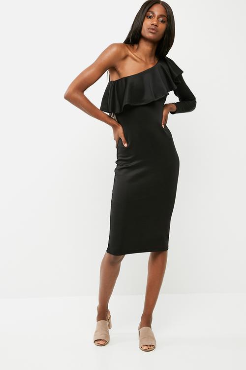 One shoulder ruffle neck bodycon dress