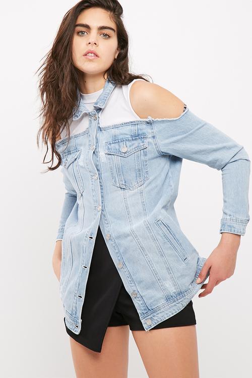 Cut out cold shoulder trucker denim jacket