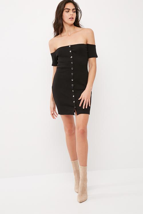 Studded popper detail bardot bodycon dress