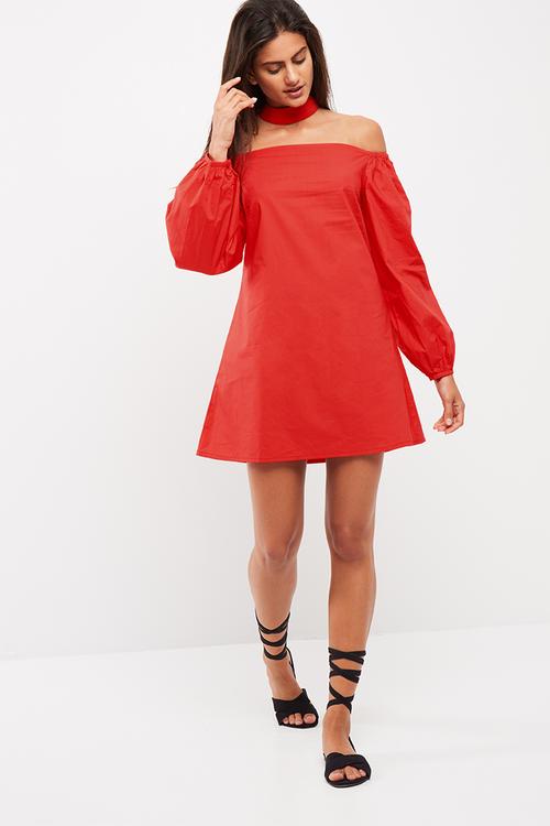 Puff sleeve choker neck bardot dress