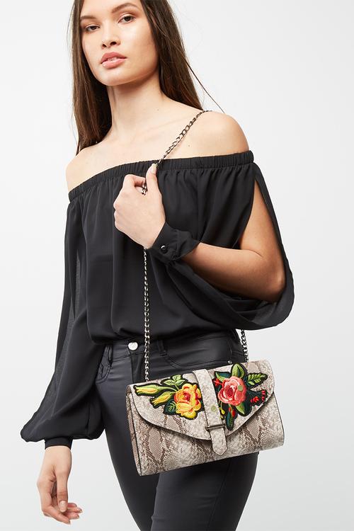 Snake print embroidered cross body bag