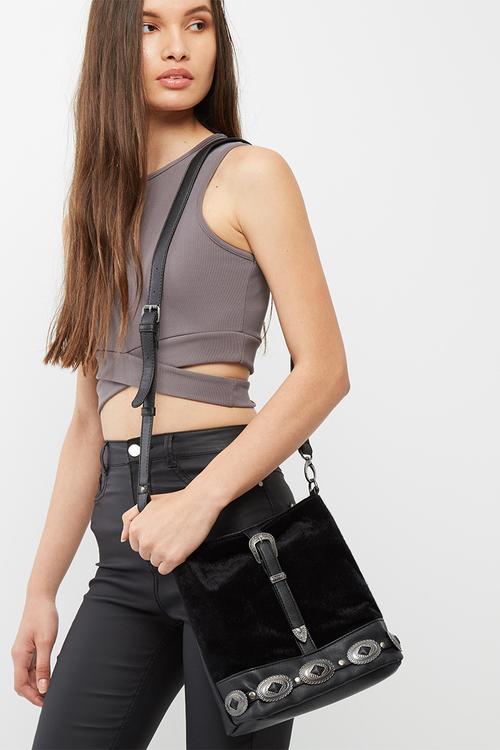 Western trim faux pony cross body bag