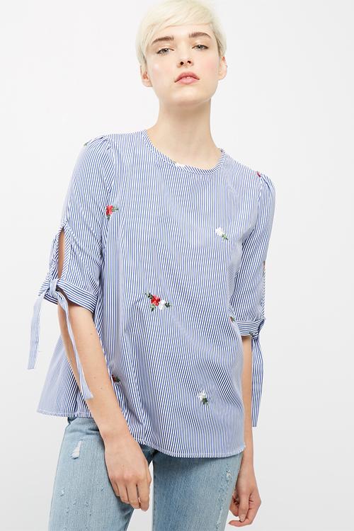 Poplin stripe embroidered tie sleeve blouse
