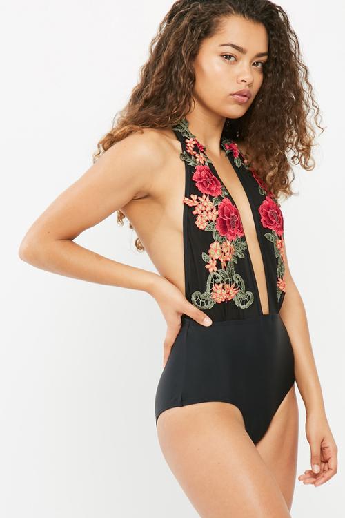 Embroidered plunge tie neck swimsuit