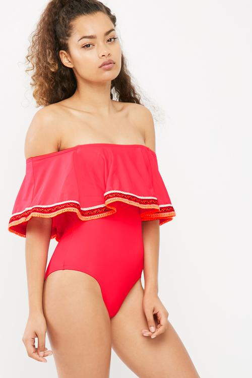 Bardot frill high leg swimsuit