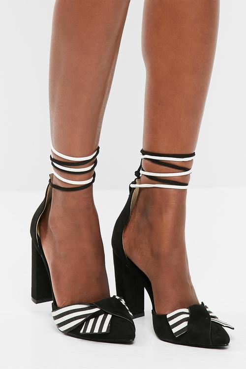 Striped wrap around block heel
