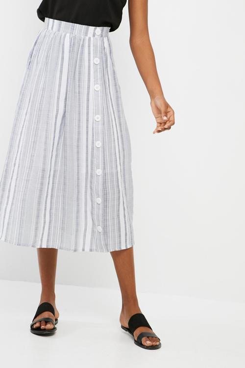 Stripe button through midi skirt