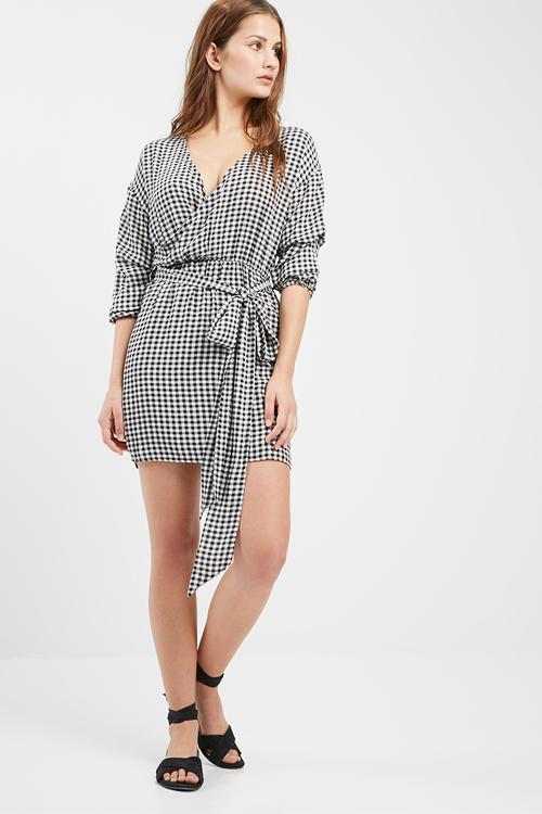 Gathered sleeve tie waist gingham dress