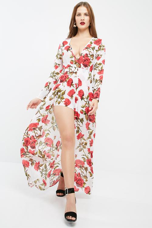 Floral print plunge playsuit