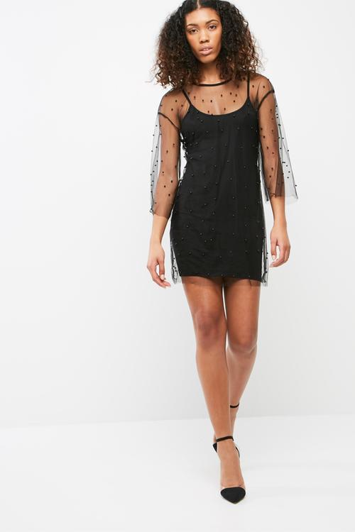 Beaded embellished mesh mini dress
