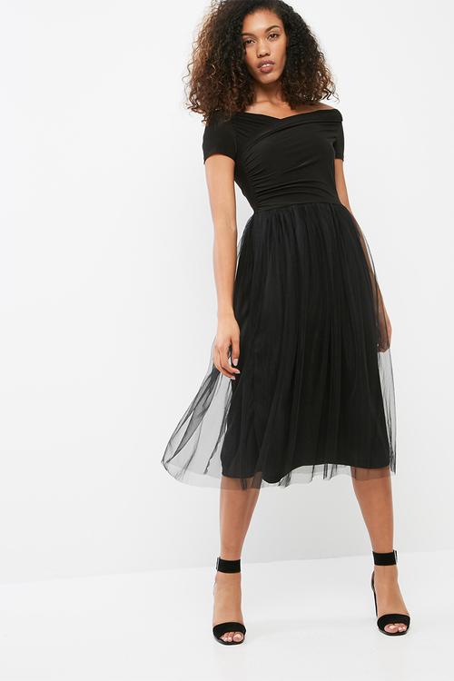 Short sleeve off shoulder wrap bodice midi dress
