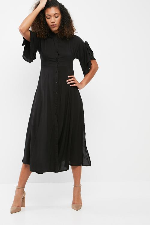 Button through midi dress with frill sleeve
