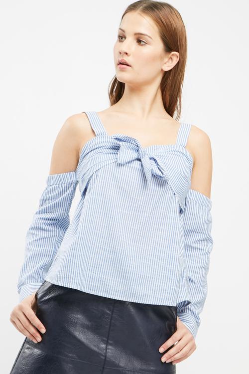 Striped cold shoulder tie front blouse - blue