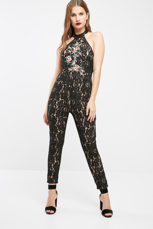 High neck halterneck embroidered lace jumpsuit