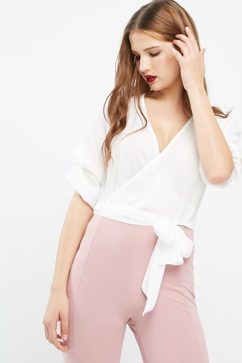 Ruched sleeve wrap over blouse