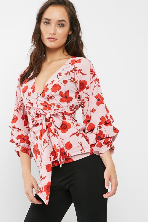 Poppy print wrap tie blouse