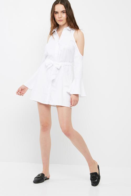 Soft touch cold shoulder tie shirt dress