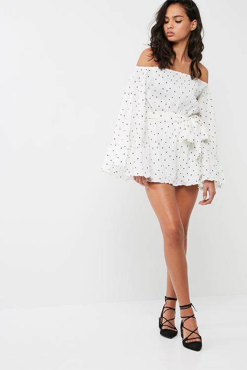 Polka dot crinkle bardot playsuit