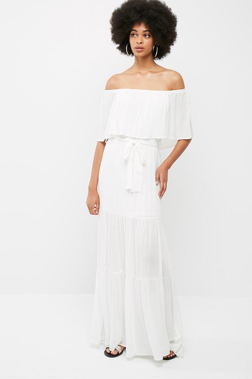 Off the shoulder tiered maxi dress